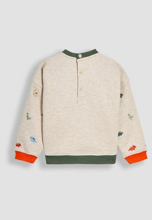 Vaaleanbeige collegepaita, jossa on vihreitä yksityiskohtia ja oranssit hihansuut. Edessä on brodeerattuja dinosauruksia eri väreissä hihoissa ja selässä. Neljä nappia suljettuna.