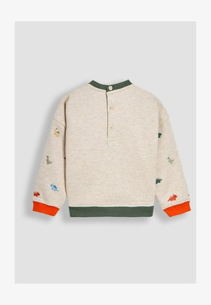 Vaaleanbeige collegepaita, jossa on vihreitä yksityiskohtia ja oranssit hihansuut. Edessä on brodeerattuja dinosauruksia eri väreissä hihoissa ja selässä. Neljä nappia suljettuna.