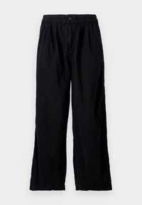 Black pants made of lightweight fabric, featuring an elastic waistband, button closure, loose fit, and slight texture. No visible patterns or accents.
