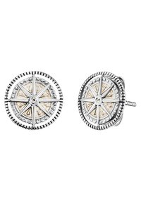 Orecchini a bottone rotondi con un design a bussola in tonalità argento, arricchiti da accenti dorati e piccole pietre trasparenti, dotati di bordi scanalati.
