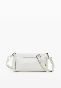 White leather bag with a rectangular shape, adjustable strap, and metallic hardware. Smooth texture with a minimalistic design.
