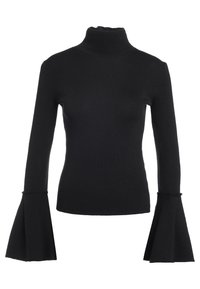 Zwarte geribde gebreide coltrui met lange mouwen en uitlopende manchetten. Zachte textuur en aansluitende silhouet benadrukken stijl en comfort.