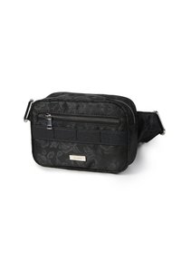 Borsa a tracolla in tessuto nero con motivo floreale, dotata di cerniere in argento, una tracolla testurizzata e un piccolo etichetta metallica sul davanti.
