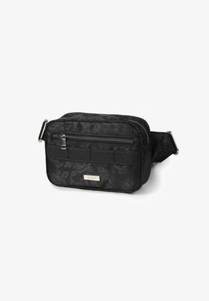 Zwarte stoffen schoudertas met bloemmotief, voorzien van zilveren ritsen, een gestructureerde schouderband en een klein metalen label aan de voorkant.