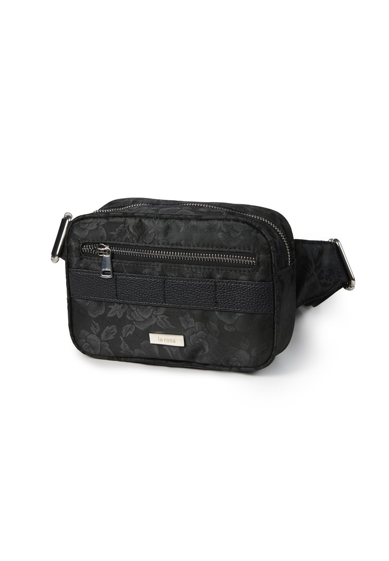 Borsa a tracolla in tessuto nero con motivo floreale, dotata di cerniere in argento, una tracolla testurizzata e un piccolo etichetta metallica sul davanti.