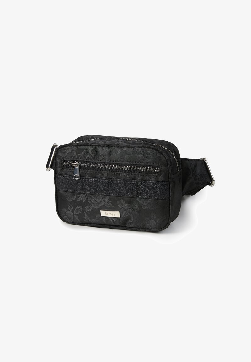 Borsa a tracolla in tessuto nero con motivo floreale, dotata di cerniere in argento, una tracolla testurizzata e un piccolo etichetta metallica sul davanti.