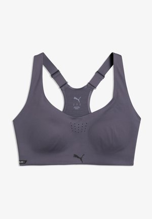 Grauer Sport-BH mit verstellbaren Racerback-Trägern und perforierten Belüftungslöchern in der vorderen Mitte, mit Puma-Logo unter der Brust.