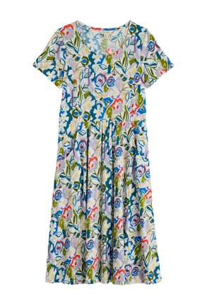 Robes à motif floral avec des manches courtes, un décolleté arrondi et une taille froncée. Les couleurs incluent du bleu, du vert, du rouge et du violet sur un fond clair.