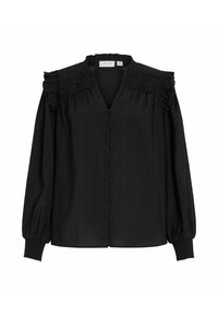 Blouse noire avec un col rufflé, accents en dentelle détaillés sur les épaules, devant boutonné et manches longues avec des poignets froncés.