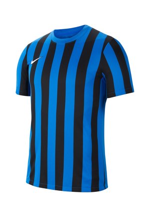 Maillot de sport Nike avec des rayures verticales noires et bleues, à manches courtes, col rond et un petit logo blanc sur la poitrine.