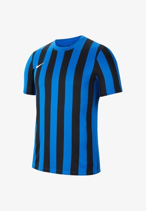 Nike sports jersey featuring vertical black and blue stripes, short sleeves, round neckline, and a small white logo on the chest.