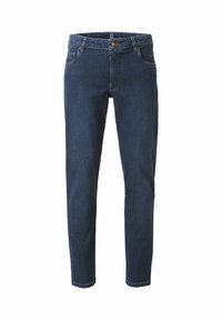 Dunkelblaue Denim-Jeans mit schlankem Schnitt, fünf Taschen und Knopfverschluss. Der Stoff hat eine glatte Textur und eine leichte Ausbleichung.