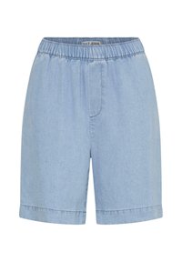 Short en denim bleu clair avec taille élastique et ourlet roulé, longueur genou, style décontracté.