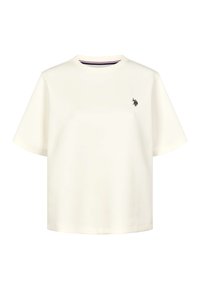 Krémové tričko s krátkym rukávom vyrobené z jemnej bavlny, s okrúhlym výstrihom a malým čiernym vyšívaným logom na hrudi.