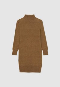 Abito a maglia color marrone con collo alto e maniche lunghe, con polsini a coste, che presenta una texture morbida e una silhouette dritta.