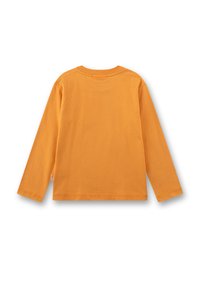 Rückansicht eines schlichten, langärmeligen, orangefarbenen T-Shirts für Kleinkinder mit rundem Halsausschnitt und einem kleinen Stoffetikett auf der linken Seite.