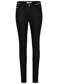 Jeans skinny negros con una textura suave, con costuras de acento plateadas, cremallera y un diseño clásico de cinco bolsillos.