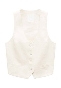 Ivory linen vest with a V-neck, six buttons, and two front pockets. Smooth texture with a tailored fit and minimalistic design.