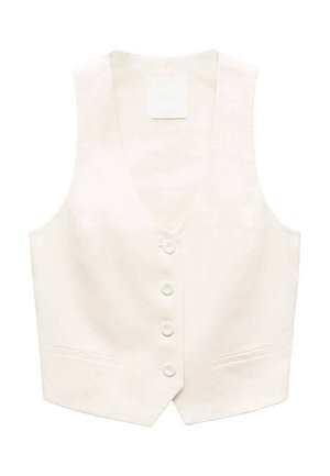 Ivory linen vest with a V-neck, six buttons, and two front pockets. Smooth texture with a tailored fit and minimalistic design.