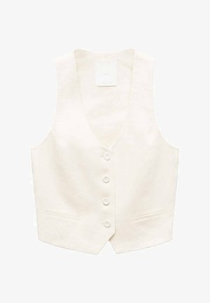 Ivory linen vest with a V-neck, six buttons, and two front pockets. Smooth texture with a tailored fit and minimalistic design.