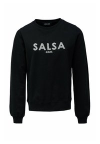 Sudadera negra de algodón con cuello redondo y mangas largas. Presenta un logotipo plateado brillante de "SALSA JEANS" en la parte frontal.