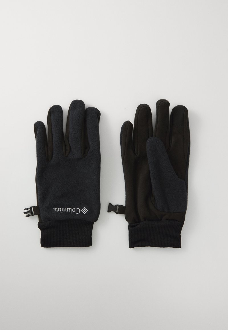 Svarte fleece-hansker med teksturert overflate og strikkede mansjetter. Har justerbare stropper og et logo på håndleddet.