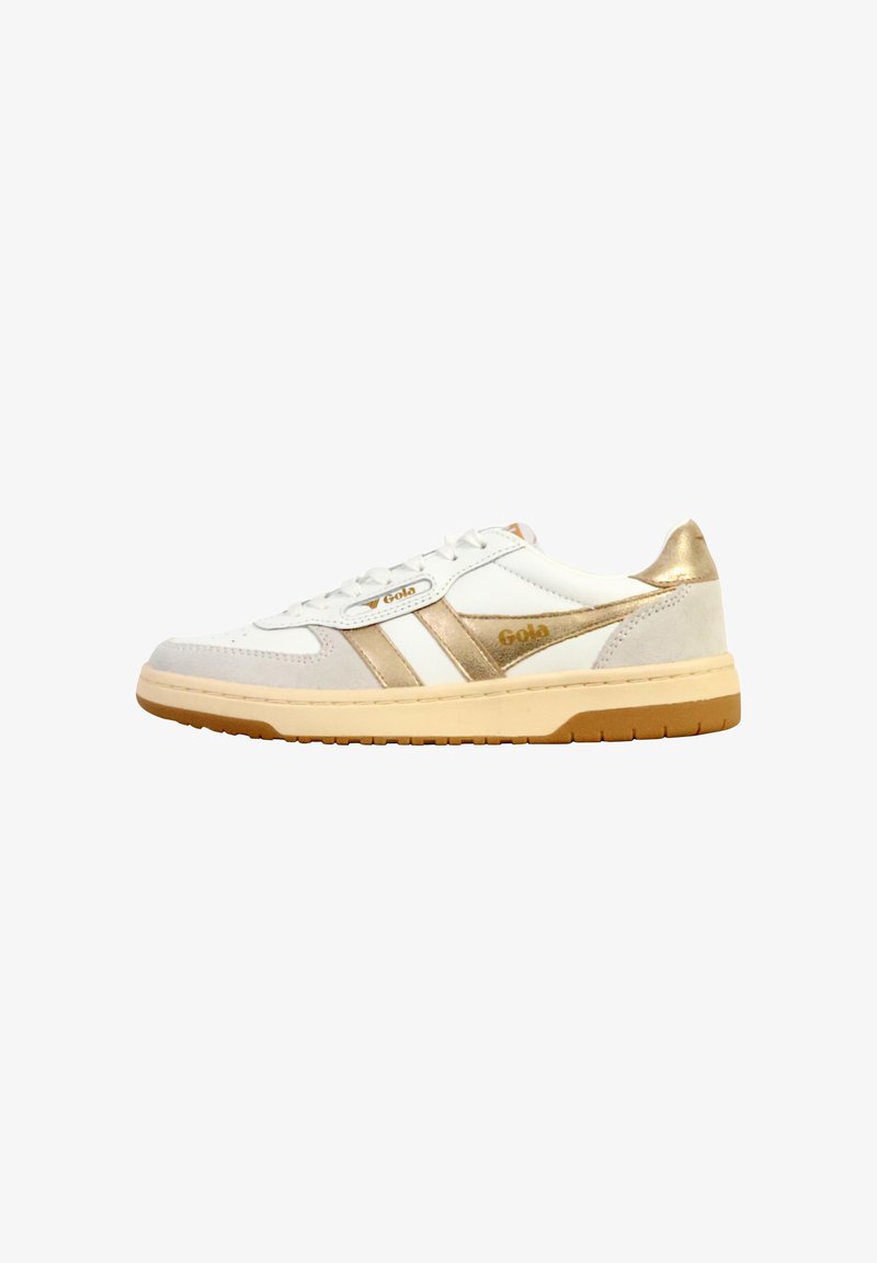 White and gold low-top sneaker with lace-up front, beige suede accents, and gum rubber sole, branded "Gola" on side and near laces.