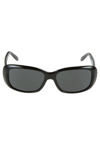 Lunettes de soleil noires avec une large monture et des verres teintés foncés. Matériau en plastique lisse, branches courbées et design élégant englobant.