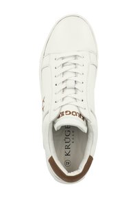 White leather sneaker with textured surface, brown ankle cuff, and logo accents. Features traditional lacing and a rounded toe design.