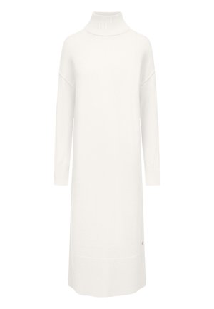 Witte langekleding turtleneck jurk, gemaakt van zachte gebreide stof. Kenmerkt zich door een relaxte pasvorm, ribbels aan de manchetten en een middellange zoom.