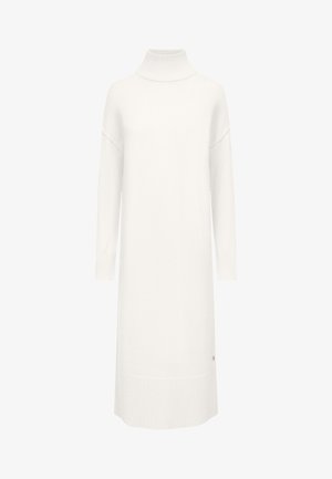 Sukienka z długim rękawem i golfem w kolorze białym, wykonana z miękkiej dzianiny. Posiada luźny krój, prążkowane mankiety oraz długość do połowy łydki.