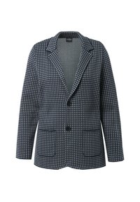 Blazer della marina con un motivo a quadri testurizzato, chiusura a un bottone e rever a punta. Presenta due tasche anteriori e una vestibilità sartoriale.