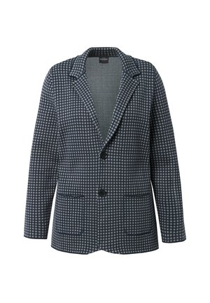 Blazer bleu marine avec un motif à carreaux texturé, fermeture à un bouton et revers à cran. Il dispose de deux poches avant et d'une coupe ajustée.