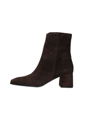 Dark brown suede ankle boot with a block heel and pointed toe, shown from the outer side on a white background.