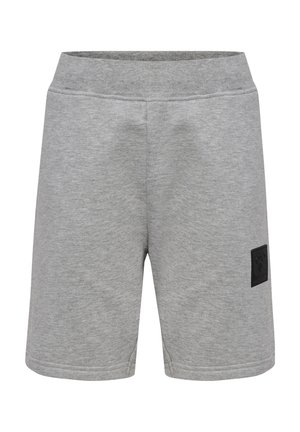 Grijze shorts van een katoenmix, met een elastische tailleband en een zwart logo-patch op het linkerpootje. Soepele textuur, knielengte ontwerp.