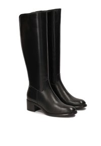 Black leather knee-high boots with a smooth finish, round toe, low block heel, and subtle side detailing. Easy to slip on.