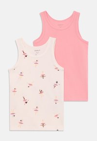 Two tank tops: one white with ballerina print in pink and yellow, the other solid pink. Both have round necks and wide straps. Soft fabric.