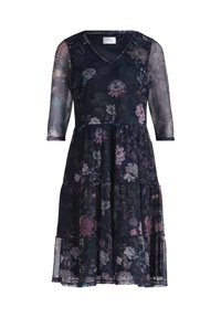 Robe fleurie avec une base bleu marine, dotée de manches 3/4 transparentes, d'un col en V, d'un design à volants et de motifs floraux multicolores sur l'ensemble.