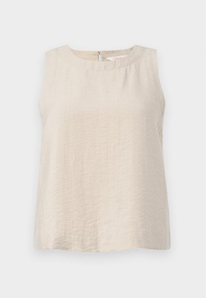 Sleeveless top in light beige fabric with a textured surface. Round neckline and keyhole back closure, featuring a loose, relaxed fit.