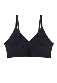 Sostén inalámbrico negro con tirantes ajustables, diseño en forma de V, copas sin costuras y cierre de gancho. Fabricado en una tela suave y elástica.