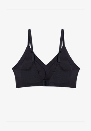 Schwarzer kabelloser BH mit verstellbaren Trägern, V-Ausschnitt-Design, nahtlosen Körbchen und Hakenverschluss. Hergestellt aus glattem, elastischem Stoff.