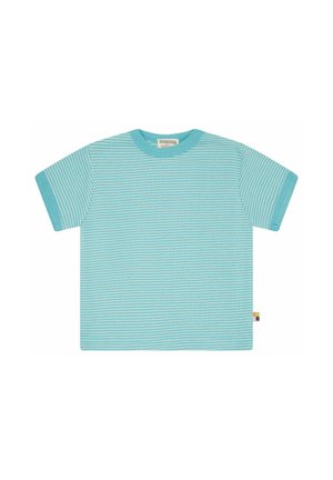 Hellblaues Kurzarm-Toddler-T-Shirt mit dünnen weißen horizontalen Streifen und geripptem Ausschnitt und Bündchen.