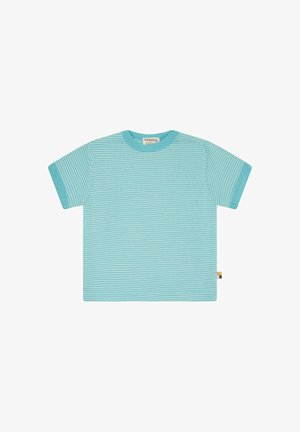 Lichtblauw T-shirt met korte mouwen voor peuters, met dunne witte horizontale strepen en een geribbelde halslijn en manchetten.