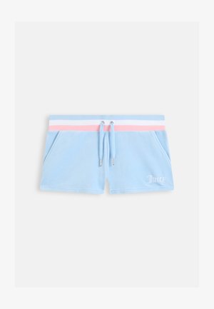 Svetlo modri velur kratke hlače z roza in belo črtastim elastikom v pasu, z zavezovanjem in stranskimi žepi. Na njih je vezen napis "Juicy" v beli barvi.