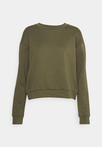 Olive green cropped sweatshirt made of soft fabric, featuring a round neckline and long sleeves with ribbed cuffs. Smooth texture, no patterns.
