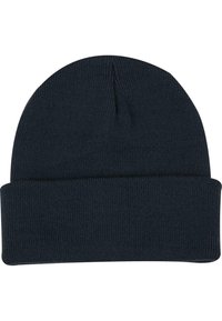Granatowa czapka beanie z dzianiny z podwiniętym brzegiem, wykonana z miękkiego, elastycznego materiału. Charakteryzuje się gładką teksturą i prostym wzornictwem.