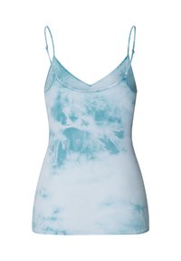 Světle modrá tie-dye tílko s tenkými nastavitelnými ramínky a výstřihem ve tvaru V, vyrobené z měkké tkaniny s hladkou strukturou.