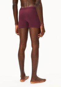 Bordeauxrote Boxer-Shorts aus glattem Material, mit einer enge Passform und einem elastischen Bund. Das Modell wird von hinten gezeigt und steht barfuß.