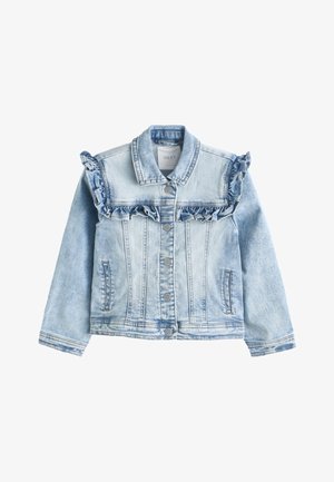 Lichtblauwe spijkerjack met zilverkleurige drukknopen en ruches over de borst en schouders, voorzien van zijzakken en een klassieke kraag.