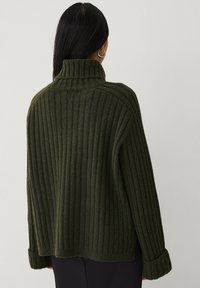 Donkergroene, geribde gebreide trui met hoge kraag en een losse pasvorm. Voorzien van opgerolde mouwen en zijsplitten aan de onderkant voor extra flexibiliteit.